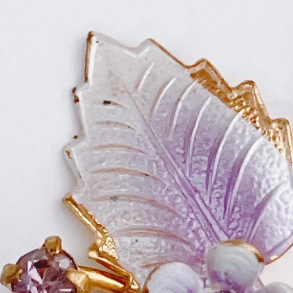 Vintage Austria Purple Floral Clip On Earrings AB Rhinestone Beads Gold Tone - Picture 7 of 11